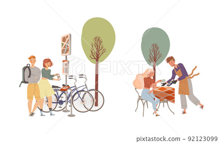 People paying by app on smartphone set. People using phone for scan qr code for renting bikes and buying at cafe vector illustration People paying by app on smartphone set. People using phone for scan qr code for renting bikes and buying at cafe vector illustration 92123099