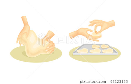 Hands kneading dough and cutting with heart shaped cookie cutter vector illustration Hands kneading dough and cutting with heart shaped cookie cutter vector illustration 92123133