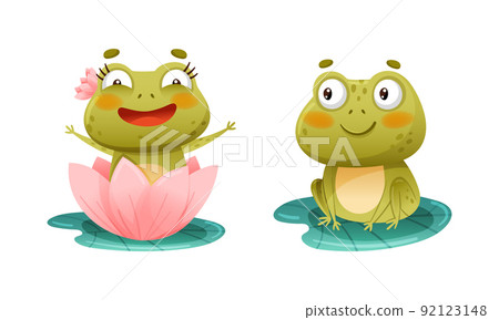 Funny cute frogs set. Happy amphibian animal character sitting on green leaves in pond vector illustration Funny cute frogs set. Happy amphibian animal character sitting on green leaves in pond vector illustration 92123148