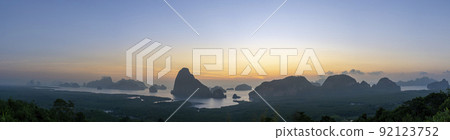 Panorama Morning sunrise. Mountains in the Andaman Sea. March 2019 Panorama Morning sunrise. Mountains in the Andaman Sea. March 2019 92123752