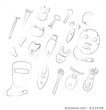 Beauty devices set. LED light therapy, vibration massage gadgets, microcurrent tool. Skin care at home. Sketch vector illustration. Techniques for health youth and beauty 92124109