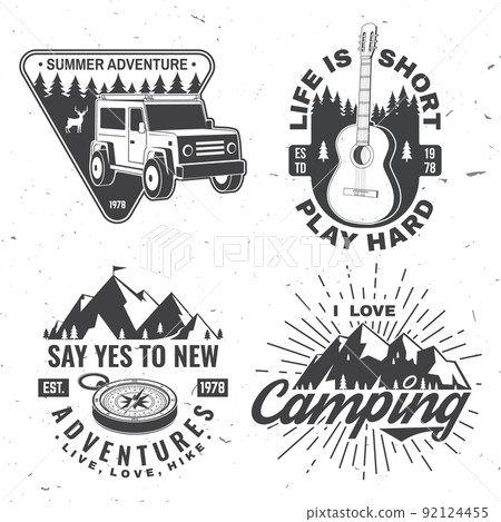 Set of camping badges. Vector illustration. Concept for shirt or logo, print, stamp or tee. Vintage typography design with compass, guitar, camping caravan car, tent, mountain and forest silhouette. Set of camping badges. Vector illustration. Concept for shirt or logo, print, stamp or tee. Vintage typography design with compass, guitar, camping caravan car, tent, mountain and forest silhouette. 92124455