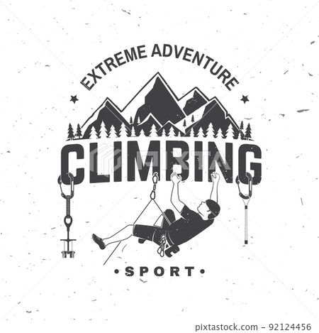 Climbing Club badge. Vector. Concept for shirt or logo, print, stamp or tee. Vintage typography design with climber, carabiners, climbing cams, hexes and mountain silhouette. Extreme adventure. Climbing Club badge. Vector. Concept for shirt or logo, print, stamp or tee. Vintage typography design with climber, carabiners, climbing cams, hexes and mountain silhouette. Extreme adventure. 92124456
