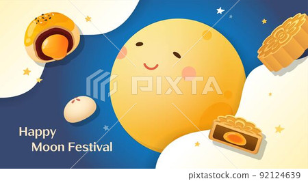 Mid-autumn festival poster, cute moon cakes with moon and clouds in the night sky, traditional Chinese festival 92124639