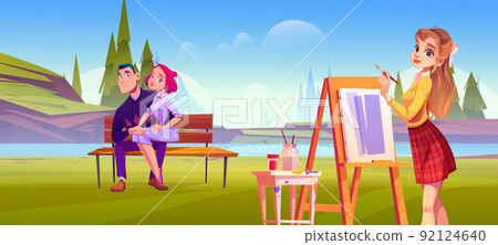 Couple posing for artist painting family portrait Couple posing for artist painting family portrait 92124640