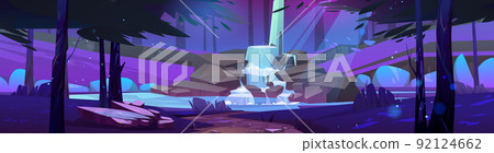 Waterfall jet in night forest cartoon landscape Waterfall jet in night forest cartoon landscape 92124662