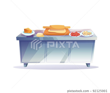 Flat cartoon cooking table with rolling pin,dough and food ingredients,home furniture,kitchen set interior elements vector illustration concept Flat cartoon cooking table with rolling pin,dough and food ingredients,home furniture,kitchen set interior elements vector illustration concept 92125001