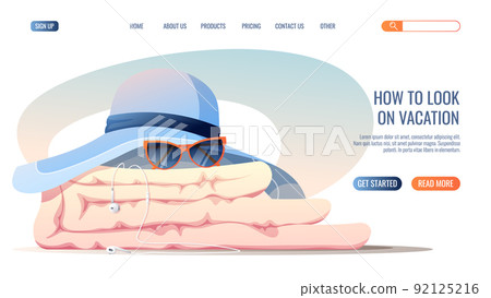 Web page template with summer beach accessories. Concept for web banner and landing page. Towel, sunglasses, beach hat, sunscreen. 92125216