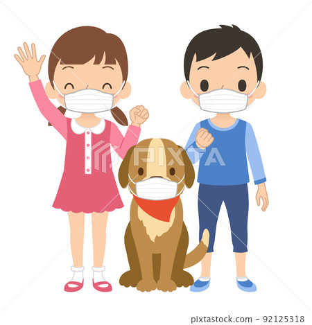 戴著面具的孩子和狗的插圖 戴著面具的孩子和狗的插圖 92125318