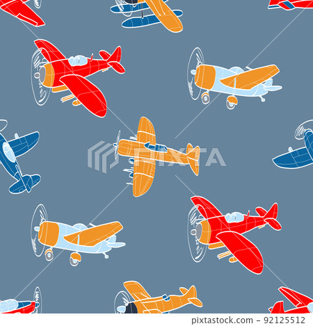 Vector seamless pattern with aircraft. Kids background with planes. Funny airplanes 92125512