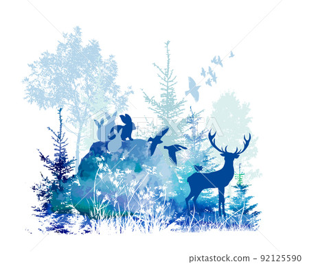Blue forest landscape with deer and hare Vector illustration Blue forest landscape with deer and hare Vector illustration 92125590