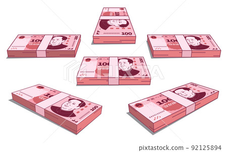 中國錢 100 元，多角度錢捆綁插圖。 92125894
