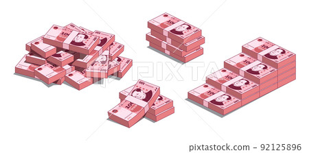 中國錢 100 元,各種形狀的錢堆的插圖。 中國錢 100 元,各種形狀的錢堆的插圖。 92125896