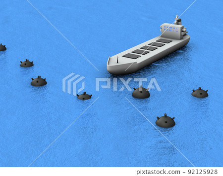 A sea route blocked by a mine. The mines are lined up without gaps to prevent ships from passing through. A sea route blocked by a mine. The mines are lined up without gaps to prevent ships from passing through. 92125928