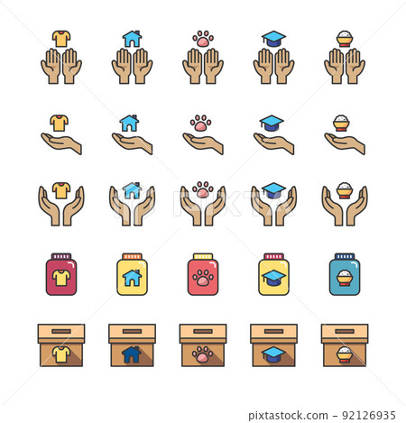 Donate and Charity flat icons set.Helping hand, Volunteer help, donations and Care box. design vector Donate and Charity flat icons set.Helping hand, Volunteer help, donations and Care box. design vector 92126935