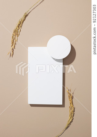 traditional food wheat and rice with white podium in light purple background for product advertising , traditional food content , top view 92127303