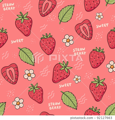 Strawberry pattern. Cute colorful strawberries with flowers and leaves in doodle style, illustration Strawberry pattern. Cute colorful strawberries with flowers and leaves in doodle style, illustration 92127663