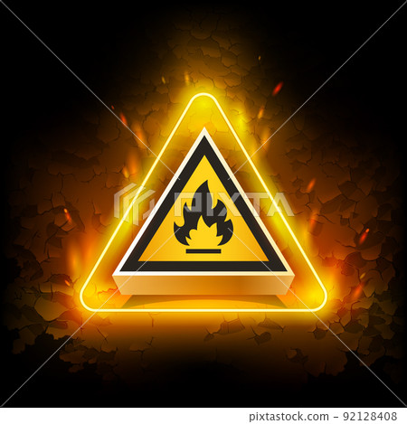 Yellow Neon Fire Warning Sign on Grunge Background 92128408