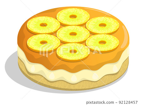 Fragrant biscuit cake, pie with pineapple rings and fruit jelly. Exotic dessert with tea party. Isometric cartoon vector isolated on white background 92128457