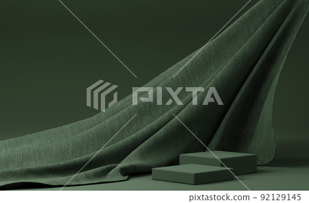 Dark green podium with green flying fabric, cloth background 92129145