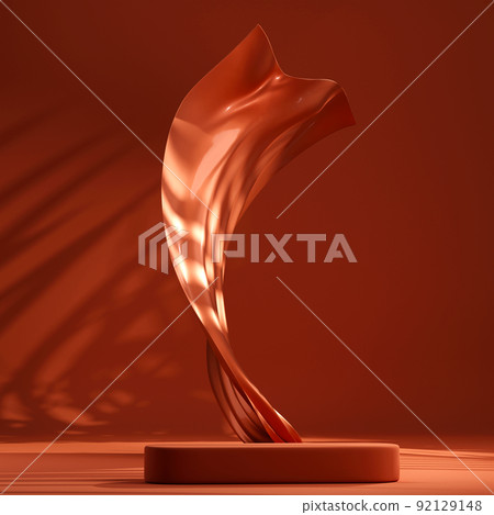 Dark orange podium with amber flying fabric, cloth background 92129148