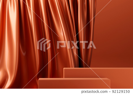 Dark orange podium with amber flying fabric, cloth background 92129150