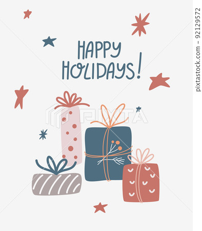 Christmas gifts greeting card. Merry Christmas and Happy New Year design. Holiday banner, web poster, flyer, stylish brochure, greeting card. Vector hand draw cartoon illustration. 92129572