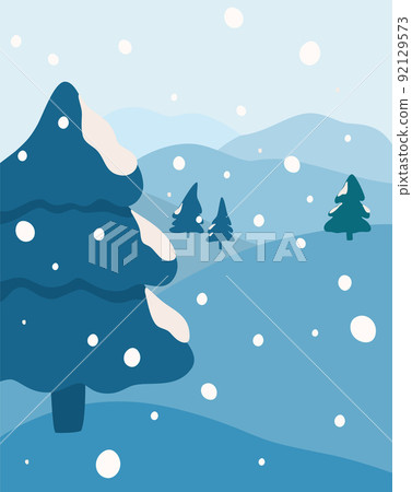 Winter landscape, snowfall in forest. Fir trees, mountains and snow. Background for banners, greeting cards, posters and advertising, Happy New Year and Merry Christmas Vector illustration Winter landscape, snowfall in forest. Fir trees, mountains and snow. Background for banners, greeting cards, posters and advertising, Happy New Year and Merry Christmas Vector illustration 92129573