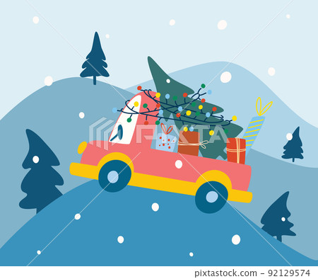 New Year's car with gifts. Winter forest. Merry Christmas and Happy New Year design. Holiday banner, web poster, flyer, stylish brochure, greeting card. Vector hand draw cartoon illustration. New Year's car with gifts. Winter forest. Merry Christmas and Happy New Year design. Holiday banner, web poster, flyer, stylish brochure, greeting card. Vector hand draw cartoon illustration. 92129574