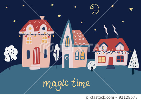 Winter Christmas Village. Snowy night Urban winter landscape. Happy New Year design. Holiday banner, web poster, flyer, stylish brochure, greeting card. Vector hand draw cartoon illustration. Winter Christmas Village. Snowy night Urban winter landscape. Happy New Year design. Holiday banner, web poster, flyer, stylish brochure, greeting card. Vector hand draw cartoon illustration. 92129575