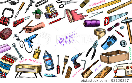 DIY Background. Hardware Shop concept. Glue, wood planks, sewing machine. Tools or instruments for DIY Background. Hardware Shop concept. Glue, wood planks, sewing machine. Tools or instruments for 92130257