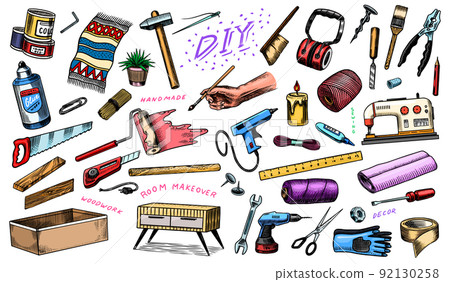 DIY icons. Hardware Shop concept. Glue, wood planks, sewing machine. Tools or instruments for home 92130258