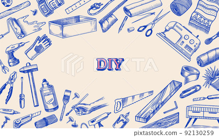 DIY Background. Hardware Shop concept. Glue, wood planks, sewing machine. Tools or instruments for DIY Background. Hardware Shop concept. Glue, wood planks, sewing machine. Tools or instruments for 92130259