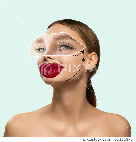 Contemporary art collage. Young woman making face lifting with plastic surgery treatment. Smooth face 92131876