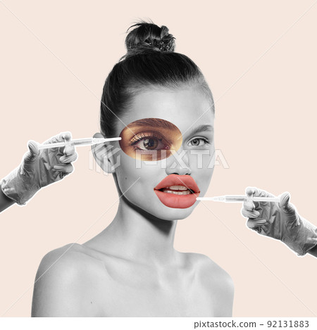 Contemporary art collage. Young woman doing lip augmentation surgery with hyaluronic acid fillers Contemporary art collage. Young woman doing lip augmentation surgery with hyaluronic acid fillers 92131883
