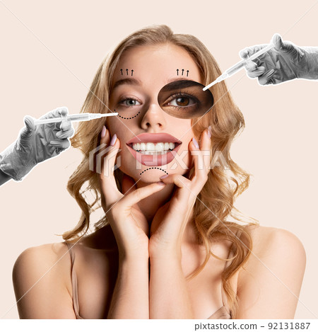Contemporary art collage. Beautiful woman taking care after face with cosmetology beauty fillers. Beauty injections 92131887