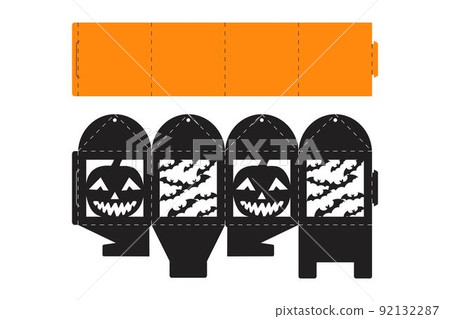 Halloween treat box with scary pumpkin. Jack-o-lantern facial gift party packaging for sweet, candies, small present, bakery. Simple package die cut template for laser cut. Vector stock illustration Halloween treat box with scary pumpkin. Jack-o-lantern facial gift party packaging for sweet, candies, small present, bakery. Simple package die cut template for laser cut. Vector stock illustration 92132287