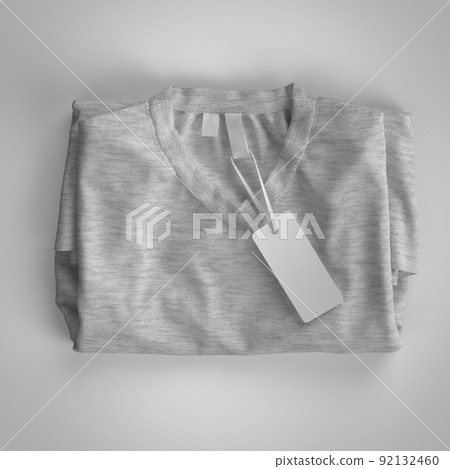 Gray folded T-shirt with labels. 3d rendering, mockup. Gray folded T-shirt with labels. 3d rendering, mockup. 92132460