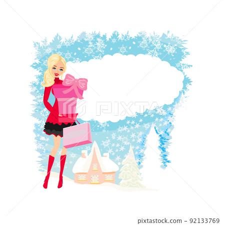 Beautiful girl on Christmas shopping - Christmas card with space for text 92133769
