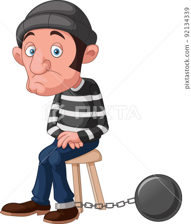 Thief cartoon sitting and prisoner chain ball 92134339