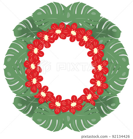Circle frame with an abstract image of monstera leaves and flowers. Copyspace. Template. Lifestyle. 92134426