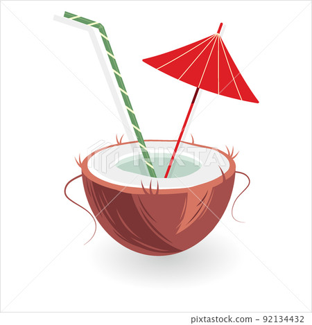 Exotic cocktail in a coconut shell with an umbrella and straw in trendy shades in minimalism style. Exotic cocktail in a coconut shell with an umbrella and straw in trendy shades in minimalism style. 92134432
