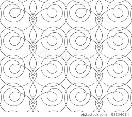 Stock simple vector seamless pattern of thin interlacing black lines isolated on a white background.Linear texture of intersecting spirals and rhombuses. Stock simple vector seamless pattern of thin interlacing black lines isolated on a white background.Linear texture of intersecting spirals and rhombuses. 92134614