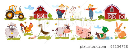 Flat cute farm animals and farmer with barn houses, tractor and scarecrow Flat cute farm animals and farmer with barn houses, tractor and scarecrow 92134728