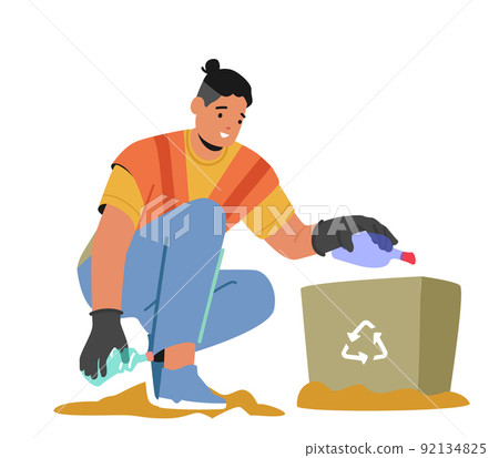Cleaning Service Concept. Janitor Male Character Street Cleaner Pick Up Trash on Beach City Park and Put into Litter Bin 92134825