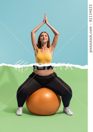 Conceptual collage with young slim girl with plus-size woman's body doing exercises isolated on colored background. Weight loss, fitness, healthy eating, motivation concept. 92134833