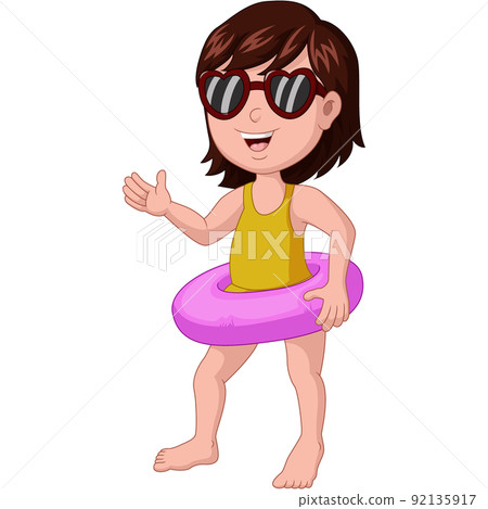 Cute little girl cartoon with inflatable ring waving hand Cute little girl cartoon with inflatable ring waving hand 92135917