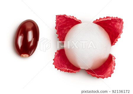 lychee fruit isolated on white background with full depth of field. Top view. Flat lay 92136172