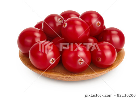Cranberry in wooden bowl isolated on white background with full depth of field 92136206