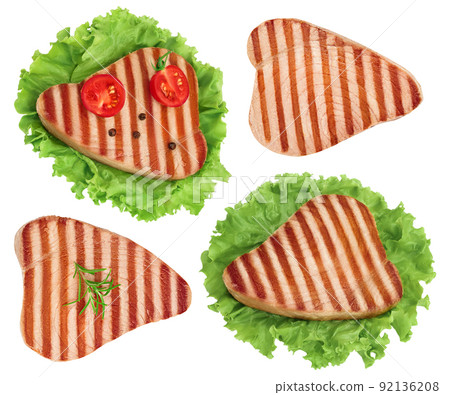 Tuna fish steak grilled isolated on white background with full depth of field. Top view. Flat lay Tuna fish steak grilled isolated on white background with full depth of field. Top view. Flat lay 92136208